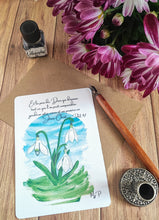 Charger l'image dans la galerie, Carte postale aquarelle avec des perce-neige et le verset biblique Philippiens 4:7 "Et la paix de Dieu qui dépasse tout ce que l'on peut comprendre gardera votre cœur et vos pensées en Jésus-Christ."