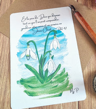Charger l'image dans la galerie, Carte postale illustrée à l'aquarelle perce-neige et verset biblique