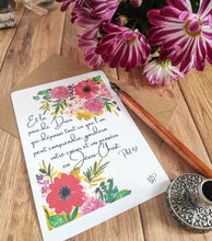 Charger l'image dans la galerie, Carte postale aquarelle avec des fleurs aux couleurs vives et le verset biblique Philippiens 4:7 "Et la paix de Dieu qui dépasse tout ce que l'on peut comprendre gardera votre cœur et vos pensées en Jésus-Christ."