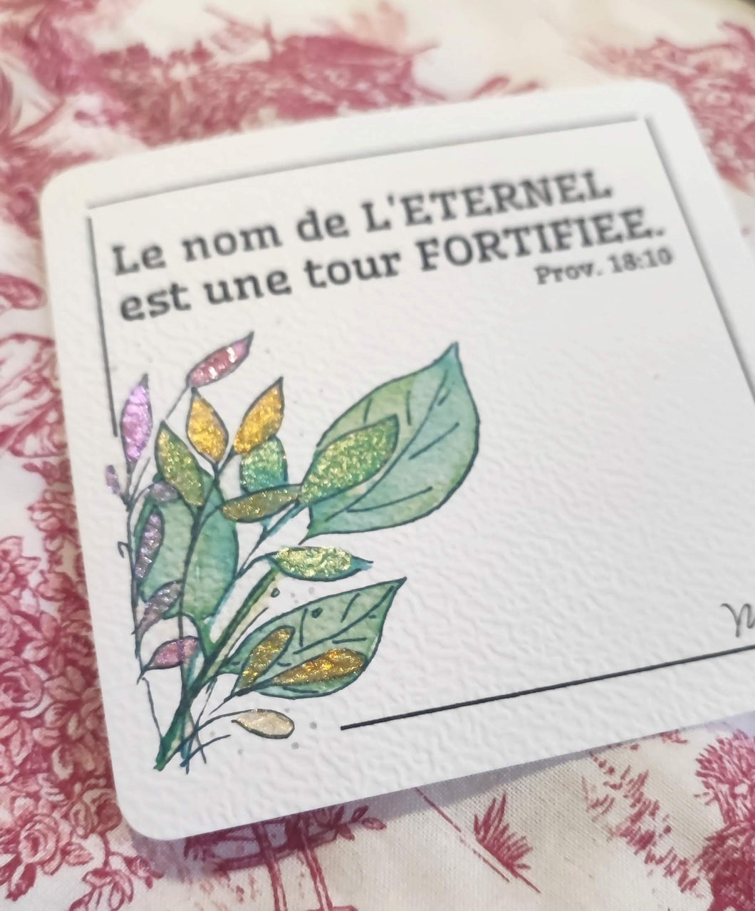 Carte aquarelle avec verset proverbe 18:10 