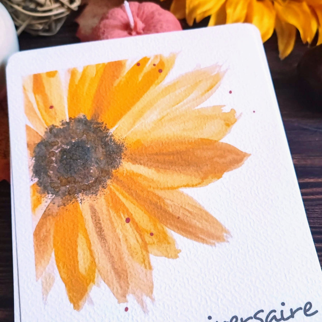 Carte Joyeux anniversaire Tournesol à l'aquarelle gros plan