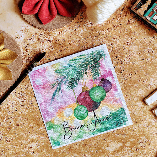 Carte de voeux aquarelle branches sapin, boules de noel colorée