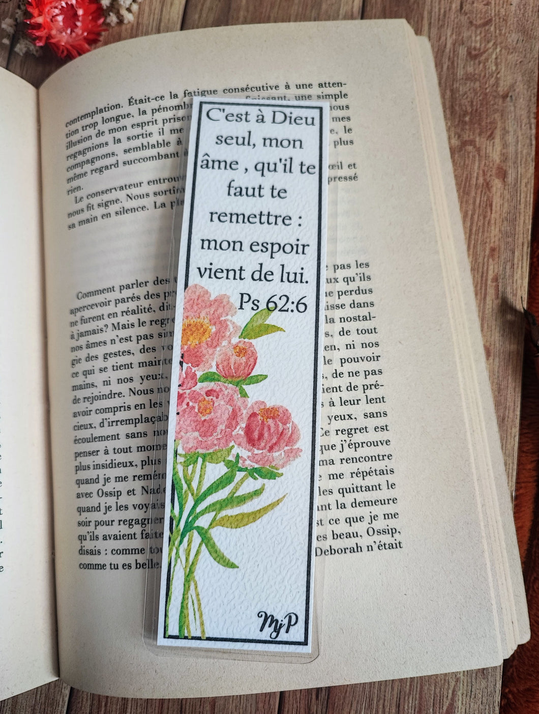 Marque-pages bouquet de pivoines et Psaume 62:6