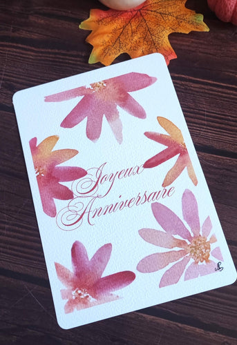 Carte postale joyeux anniversaire et fleurs roses