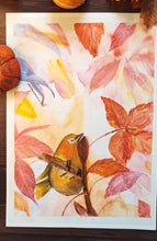 Charger l&#39;image dans la galerie, Aquarelle oiseau et feuilles d&#39;automne
