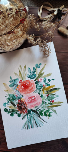 Affiche bouquet peint à l'aquarelle, avec différents feuillages et branchages