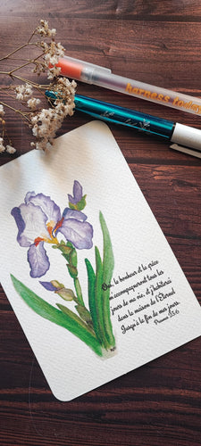 Iris peint à l'aquarelle et verset biblique