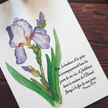 Charger l&#39;image dans la galerie, Ce bel iris violet peint à l&#39;aquarelle, avec verset bibliques : psaume 23:6
