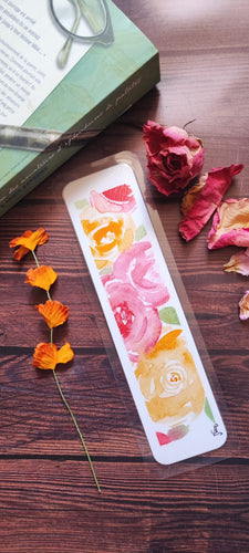 Marque-page plastifié roses jaune et rose peint à l'aquarelle angles arrondis