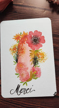 Charger l&#39;image dans la galerie, Carte postale fleurs Merci peinte à l&#39;aquarelle
