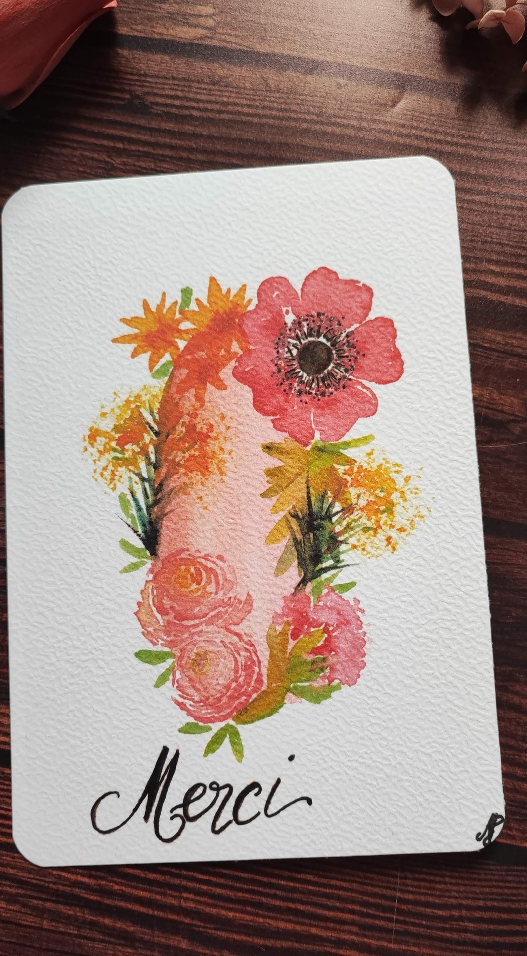 Carte postale fleurs Merci peinte à l'aquarelle